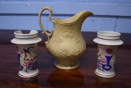 Copeland Buff 19th Century jug and two pottery vases with Imari designs (one a/f)