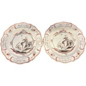 Pair of Dutch late 18th Century cream ware plates with inscriptions to the centre with heraldic