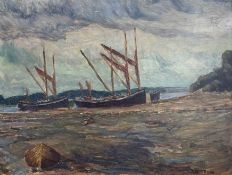 Ralph Herring (Australian, 20th century) 'Barges, River Orwell', oil on board, signed, 13x17ins,