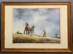 Maurice J.Bush (Dutch, 20th century), ploughing with Shire horses, pastel, 10x14ins, signed,