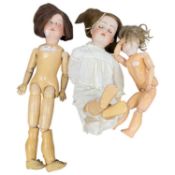 Collection of three vintage porcelain headed dolls to include Armand Marseille and J Candwerck,