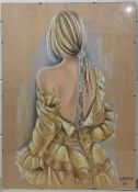Wanda Adamczyk (Polish, contemporary), a study of a female in a yellow dress, signed, pastel on
