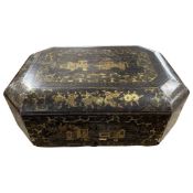 Chinese export box, mid 19th century of octagonal form decorated with figures in gilt within a