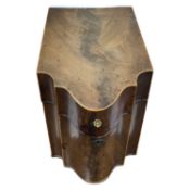 Georgian mahogany veneered wedge formed knife box lacking interior fittings, 38cm high