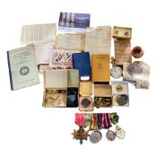 Box containing a quantity of militaria including a set of Second World War medals, the 39-45 Star,