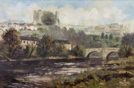 Gerald Hodgson (British, 20th century) 'Richmond Castle and River Swale', impasto oil on board.