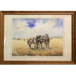 Maurice J.Bush (Dutch, 20th century), a trio of Shire horses in a wheat field, watercolour and