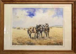 Maurice J.Bush (Dutch, 20th century), a trio of Shire horses in a wheat field, watercolour and