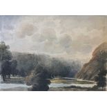 Attributed to Peter De Wint (British, 20th century), view over a wooded landscape, watercolour,