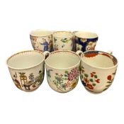 Group of six English porcelain coffee cups, five Worcester porcelain with polychrome designs and