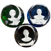 Group of three Baccarat commemorative paperweights of faceted form, representing Duke of