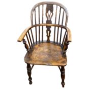 19th Century elm seated and stick back Windsor chair with crinoline stretcher raised on turned legs,