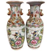 Pair of late 19th Century Cantonese vases with polychrome decoration of panels with flowers and