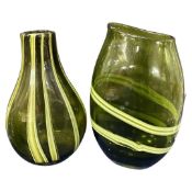 Pair of Art Glass style green glass vases with a straight design, tallest 37cm H