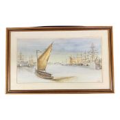 British School, 20th century, shipping estuary scene, watercolour, indistinctly signed, 9x17ins,