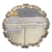 Mid-20th century silver plated presentation tea tray of circular form with 'Chippendale' rim and