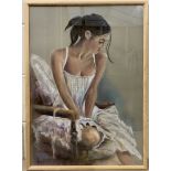 Wanda Adamczyk (Polish, contemporary), a study of a seated woman in white laced dress, pastel on