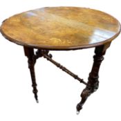Victorian walnut veneered Sutherland style drop leaf table on carved out swept legs, 90cm wide