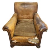 Early 20th Century brown leather upholstered club chair, extremely worn condition