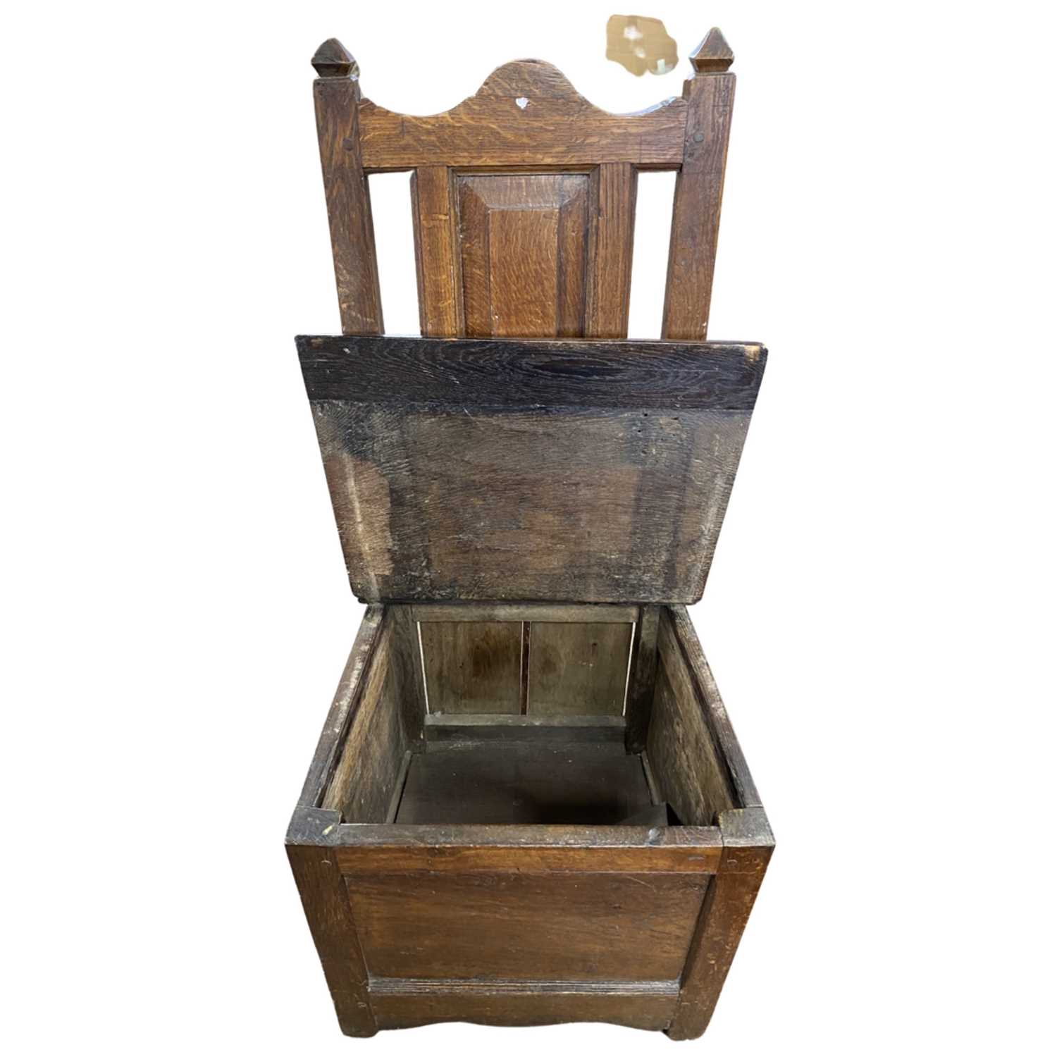 18th Century and later oak box seat with panelled back over a hinged lid and box base, 103cm high - Image 2 of 2