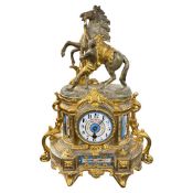 Sevres style mantel clock with porcelain panel decoration to either side and to central dial the