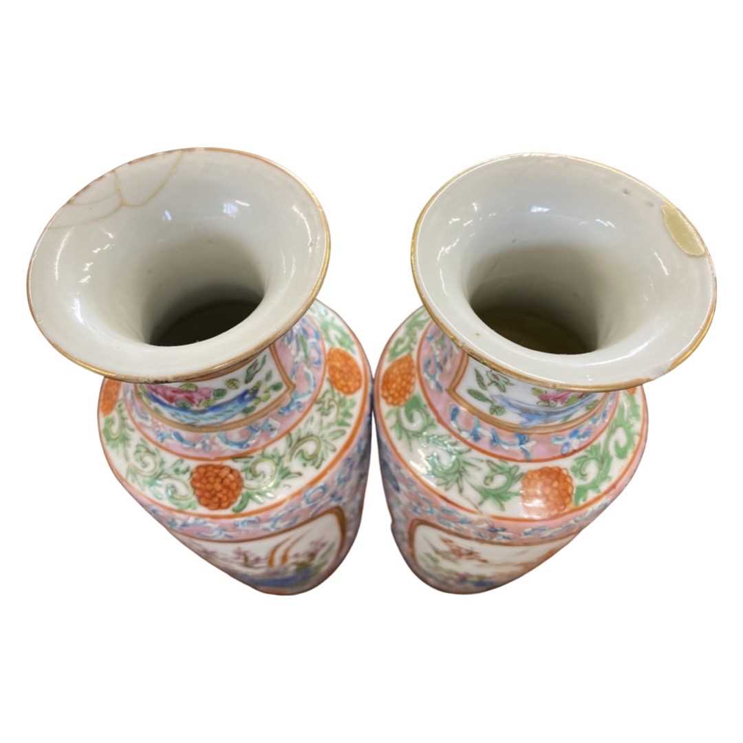 Pair of 19th Century Chinese porcelain vases, the pink ground with polychrome decoration (repair - Image 2 of 3