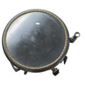 Victorian ebonised and metal mounted circular drinks table with adjustable sconce fitted to the side