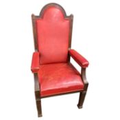 Large late 19th / early 20th Century oak framed throne style armchair with red leather upholstery,