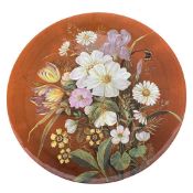 Large Brown Westhead Moore plaque, the brown ground decorated with floral sprays, 60 cm diameter