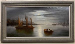 William H.Day (British, 19th century), shipping scene by moonlight, oil on canvas,11x23ins,