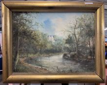 British School, 20th century, riverside landscape scene, oil on board, 11x15ins, gilt framed.