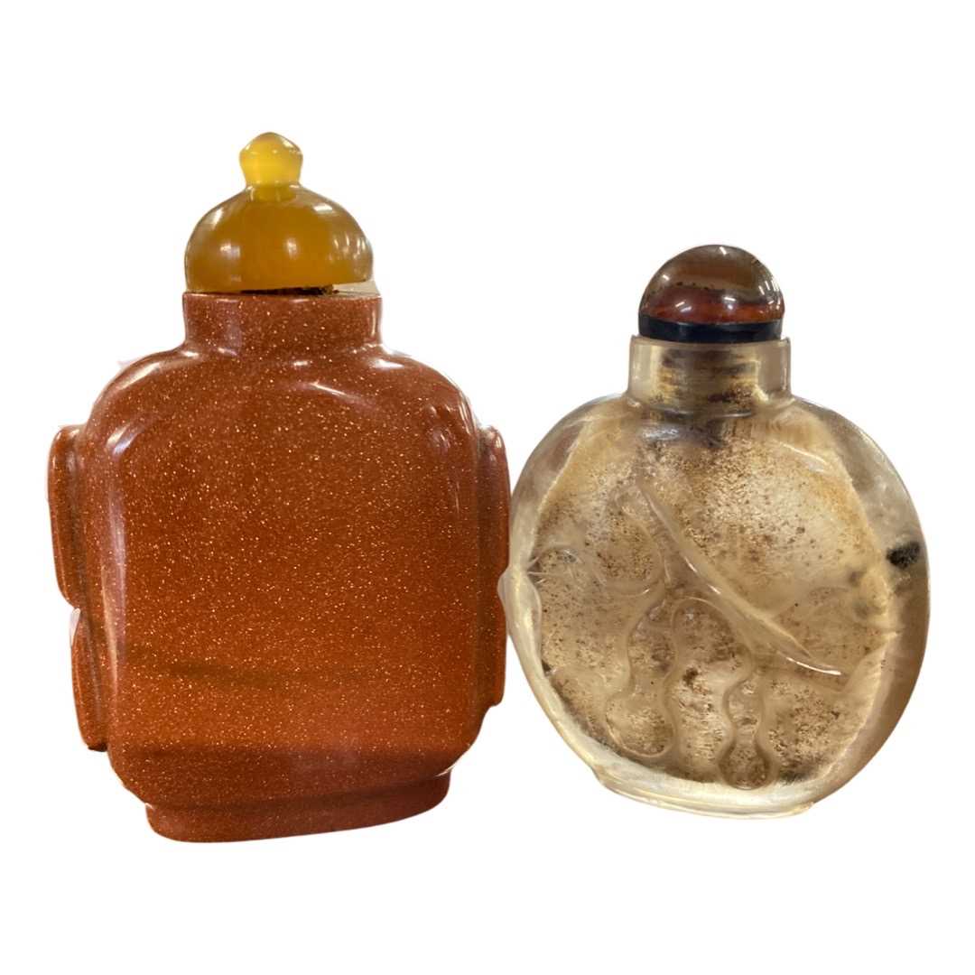 Two 19th Century Chinese snuff bottles, one with a brown silver type glaze, the other with a