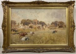 Charles James Fox RA (British, 20th century), a village scene with grazing cattle, watercolour,