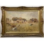 Charles James Fox RA (British, 20th century), a village scene with grazing cattle, watercolour,