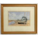 Norna Johnston (British, contemporary), beached boats on a shore line, watercolour, 6.5x10ins,