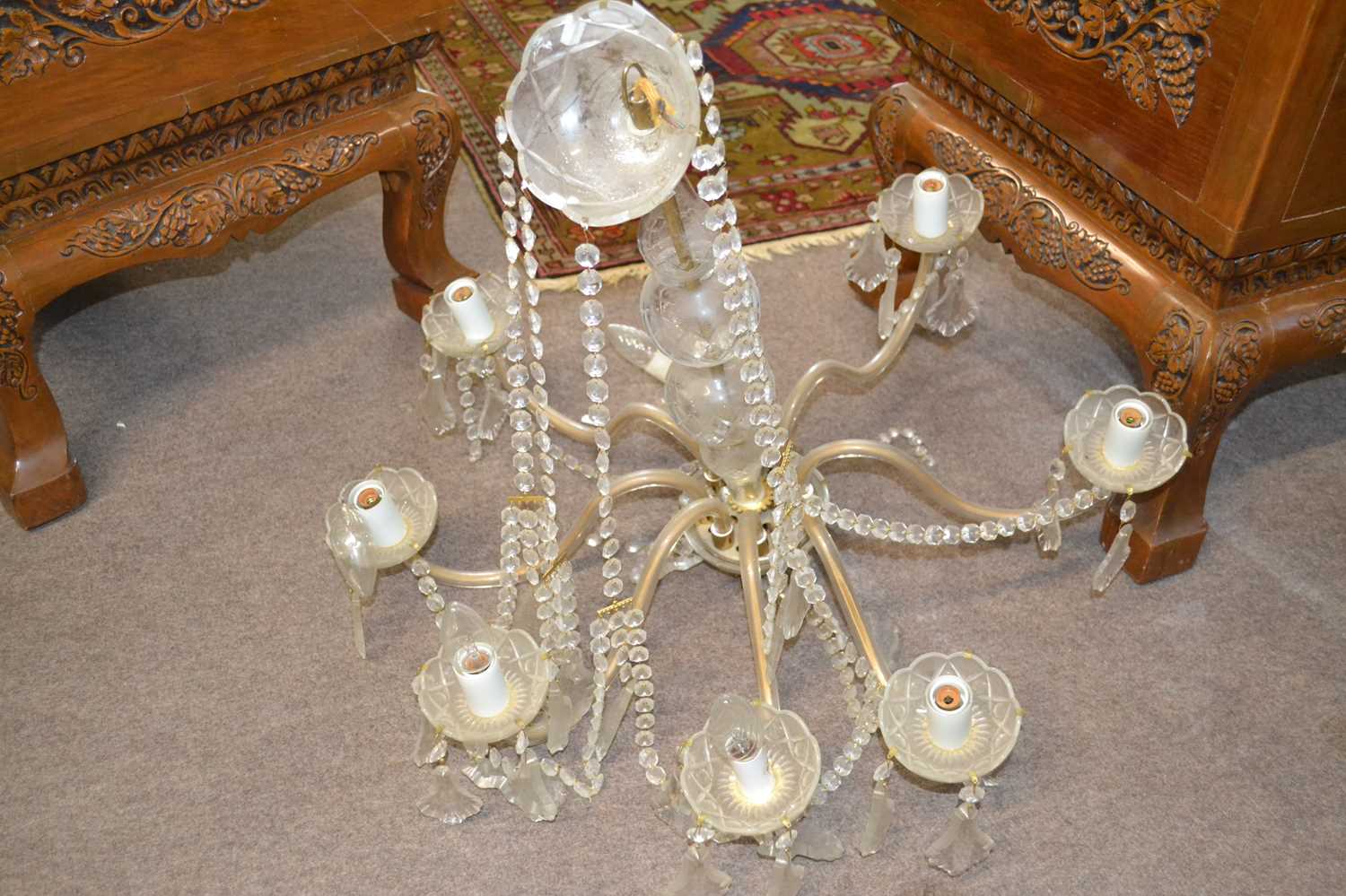 Early 20th Century glass mounted eight branch chandelier, 70 cm wide (a/f)