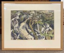 Irene Ogden (British, 20th century), stream flowing over a rocky landscape, watercolour, 12x18ins,