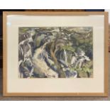 Irene Ogden (British, 20th century), stream flowing over a rocky landscape, watercolour, 12x18ins,