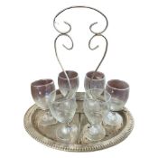 Metal tray with six small liqueur glasses marked Lacons