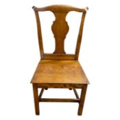 Set of four reproduction Georgian style hard seat dining chairs with shaped splat backs and arched