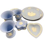 Quantity of Wedgwood pale blue jasper wares with various sprigged designs including plate for