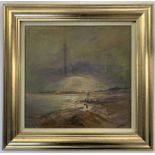 Jack Cox (British, 20th century), coastal scene with distant rainbow, mixed media, 10.5x10.5ins,
