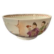 Lowestoft porcelain bowl with polychrome decoration of Chinese figures by a table (interior badly