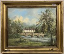 British School, 20th century, riverbank view, oil on board,15x19ins, gilt framed.