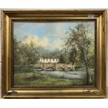 British School, 20th century, riverbank view, oil on board,15x19ins, gilt framed.