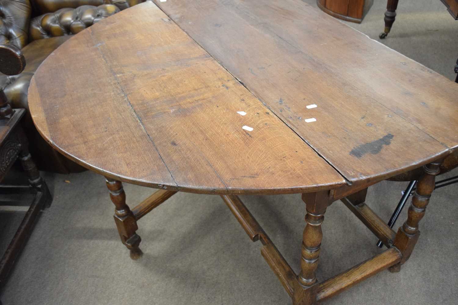 18th century oak drop leaf dining table raised on turned legs with base stretchers fitted with end - Image 2 of 3