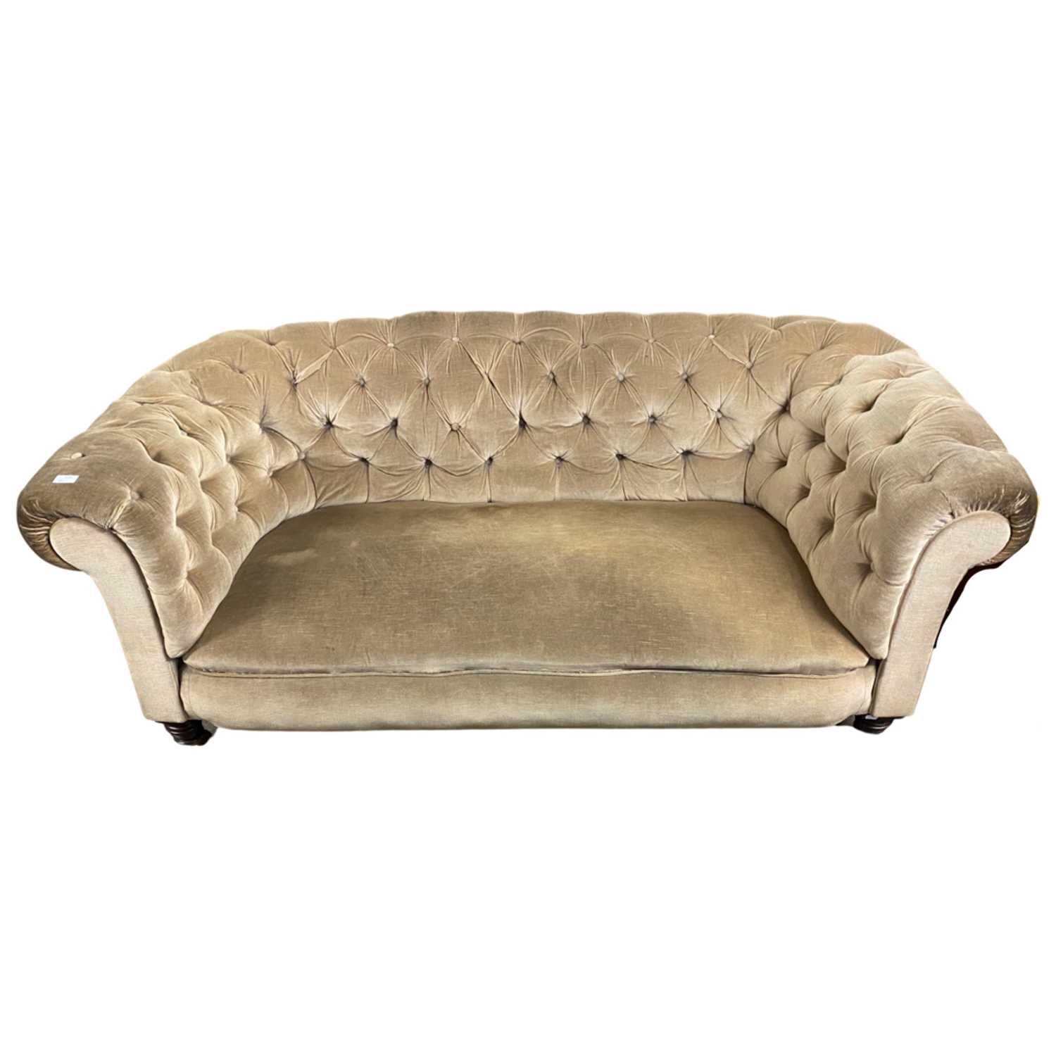 Late 19th/early 20th Century mushroom upholstered Chesterfield sofa, 180cm wide, worn condition