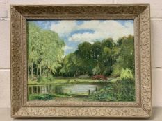 Anthony French (British, b. 1941), River landscape, 'Les Prés St Simeon' (verso), oil on board,