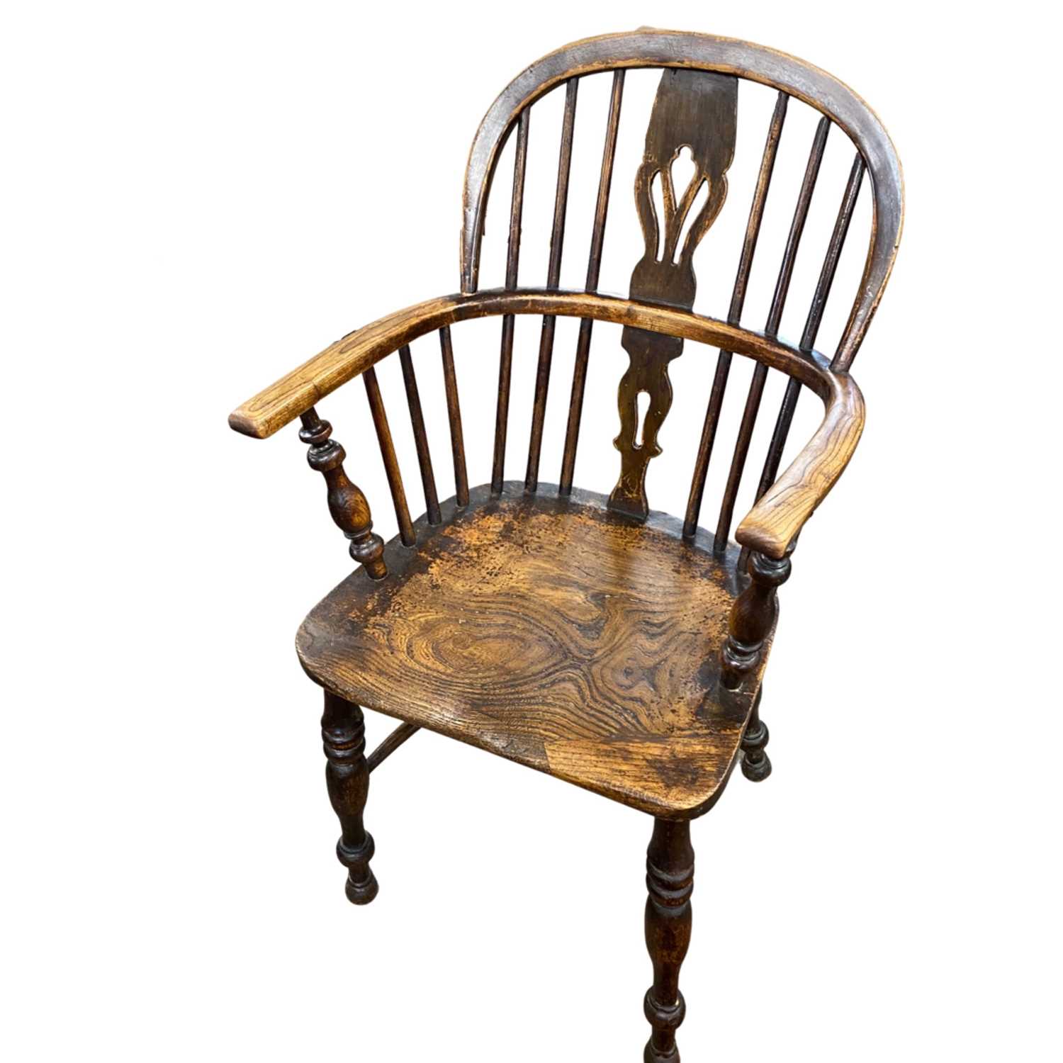 19th Century elm seated and stick back Windsor chair with crinoline stretcher raised on turned legs, - Image 2 of 2