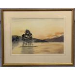 British, contemporary, lakeside view with distant, mountainous ranges, watercolour, indistinctly